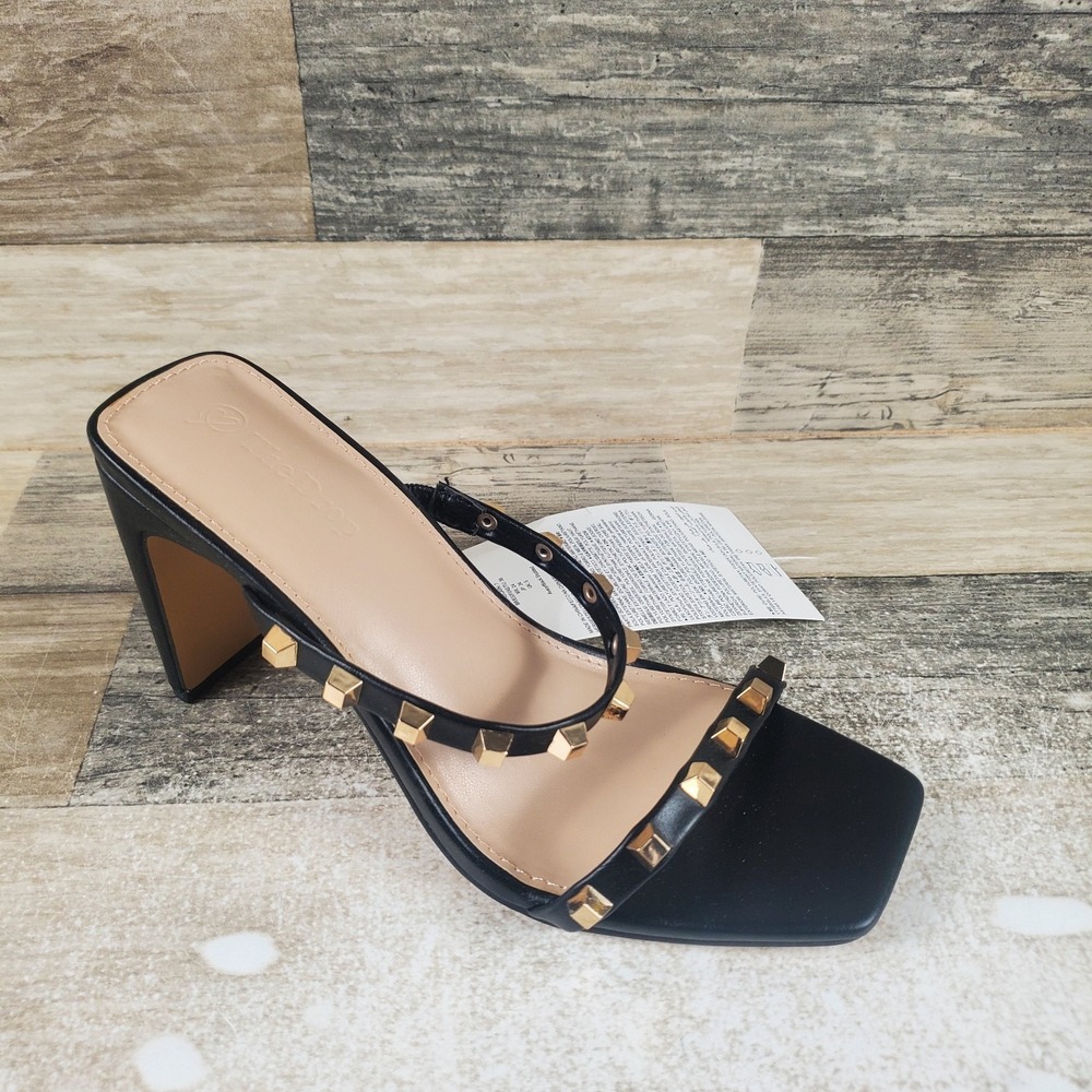 The Drop Avery Womens High Heeled Sandal Sz 7 Black Studded Square Toe Two Strap